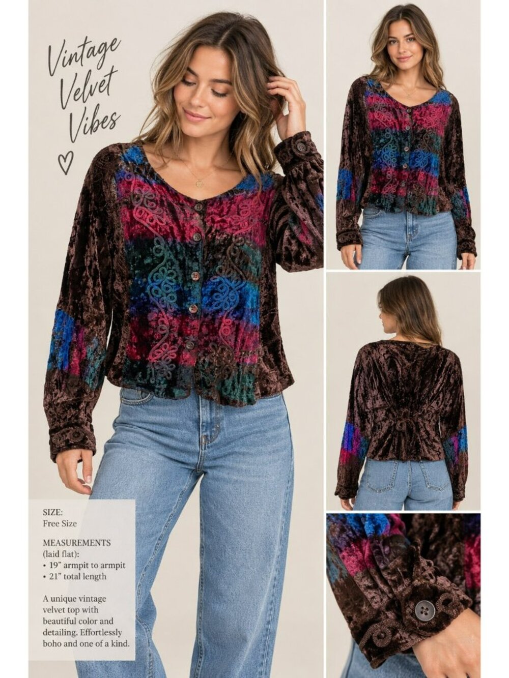 Vintage Encounter Velvet Embroidered Boho Top Free Size NWT 90s